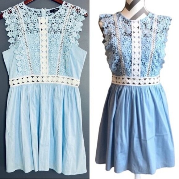 AQUA Baby Blue & White Lace Cotton Mini Dress – Size Large - Picture 1 of 15